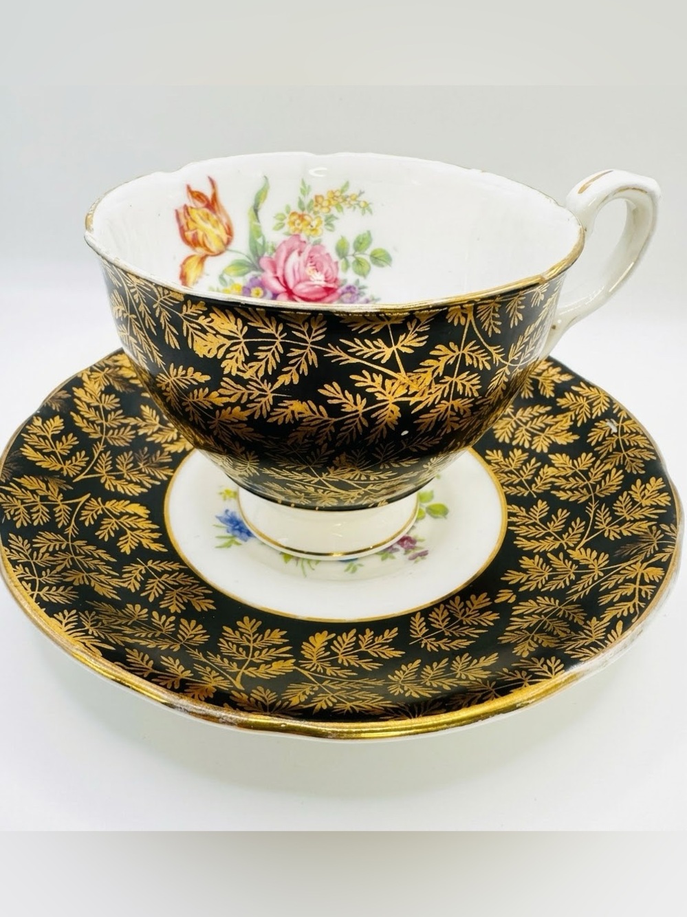 Royal Stafford Fine Bone China Black Gold Fern Tea Cup Set